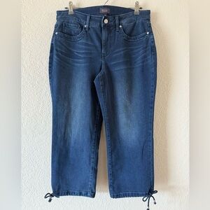NYDJ Med/Dark Wash Soft Blue Stretch Denim Capris Size 8 Drawstring Cuff